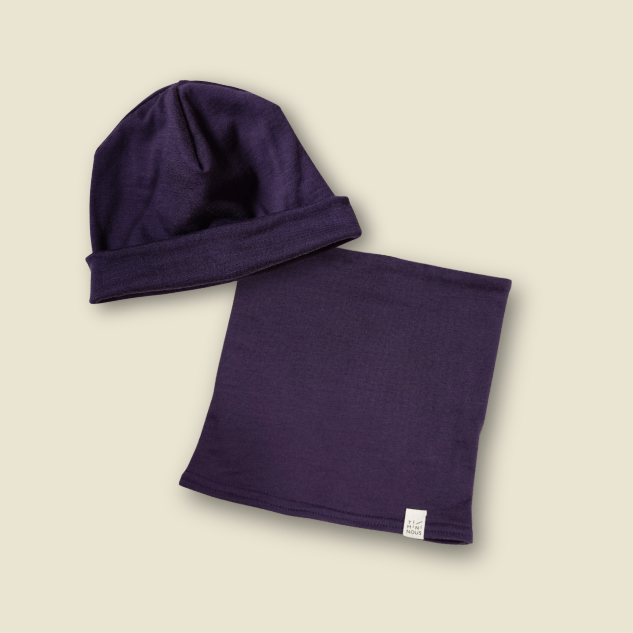 Collection of Kit - Accessoires thermiques bonnet et cache - cou en laine de mérinos - Prune - Timininous in a gallery layout