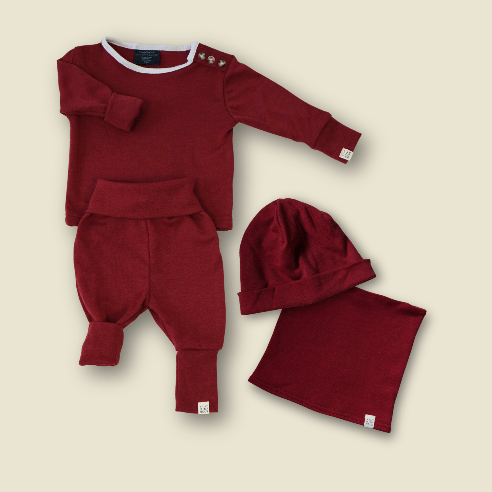 Collection of Kit - Ensemble thermique évolutif, bonnet et cache - cou en laine de mérinos - Rubis - Timininous in a gallery layout